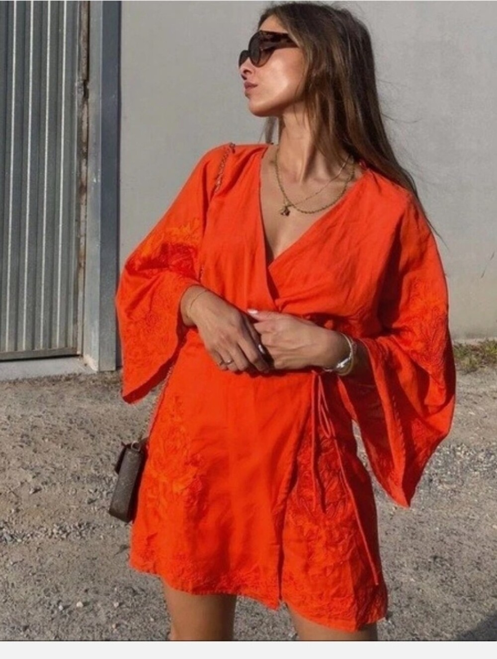 Zara Red Orange Embroidered Long Sleeve Wrap Kimono Kaftan Mini Dress - XS